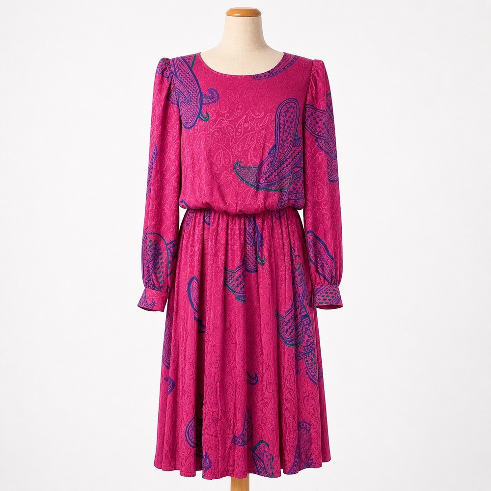 Vintage 80s 100% Silk Paisley Long Sleeve Midi Dress Size 6 Magenta Pink Pleated